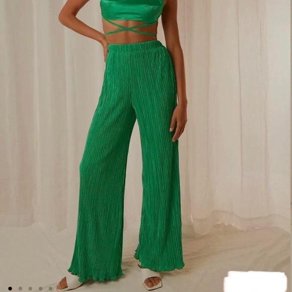 Peppermayo Pants - Peppermayo Muse Plisse Pants Size 8 Jade Green Disco Summer Artsy Festival Flowy